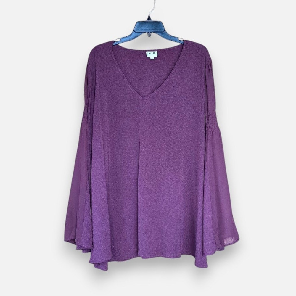 H.I.P. Burgundy Bell Sleeve V-Neck Blouse Women 3X Boho Peasant Flowy Crepe Top